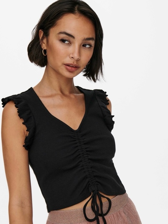 Zara Tops - Zara Black Ruched V-Neck Tank with Ruffle Sleeves